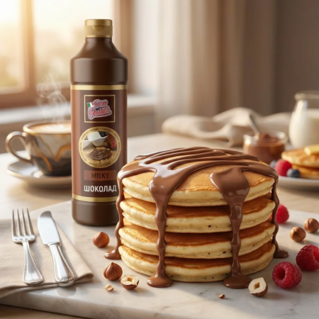 Topping ciocolată pentru clătite și waffle cu consistență fluidă și gust intens de cacao