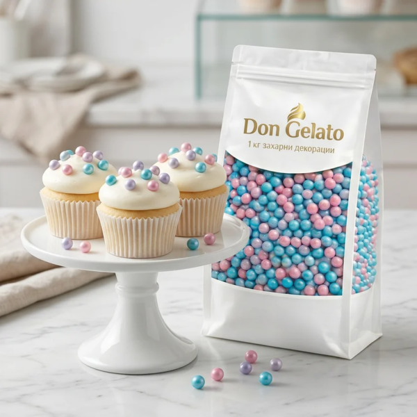 Brioșe decorate cu perle roz și albastre Don Gelato