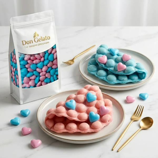 Bubble waffle decorat cu inimioare roz și bleu Don Gelato