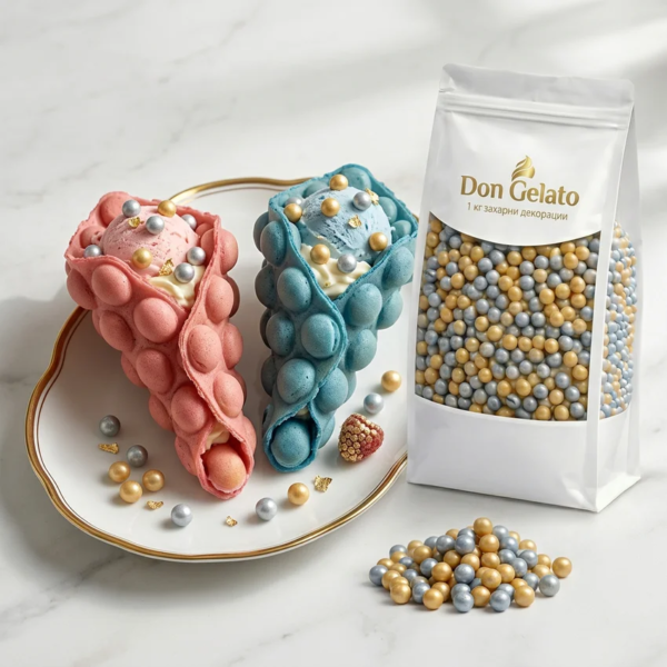 Bubble waffle decorat cu perle aurii și argintii Don Gelato