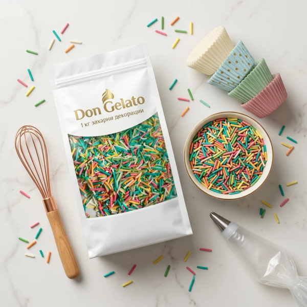 Compoziție de produs cu batoane colorate din zahăr Don Gelato