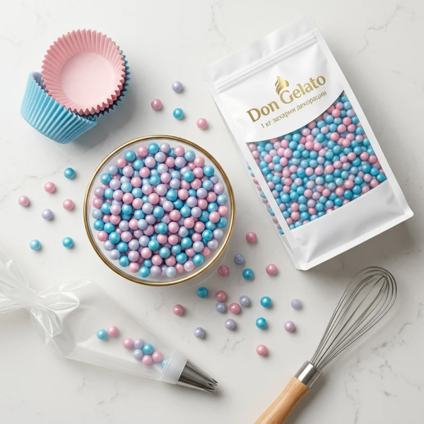 Bubble waffle decorat cu perle roz și albastre Don Gelato