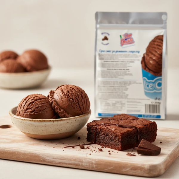 Înghețată de casă ciocolată Don Gelato în bol cu brownie, ciocolată și ambalaj produs