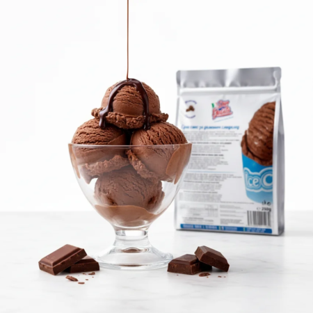 Înghețată de casă ciocolată Don Gelato în cupă de desert din sticlă cu sos de ciocolată și ambalaj