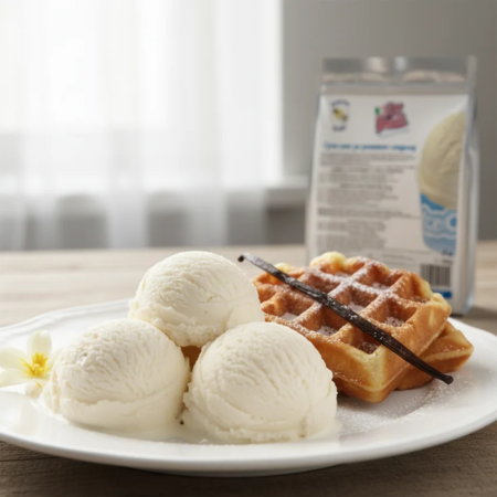 Înghețată de casă vanilie Don Gelato cu napolitană, vanilie și ambalaj produs pe fundal
