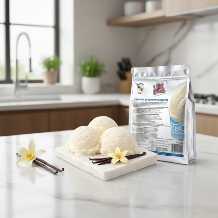Înghețată de casă vanilie Don Gelato într-o scenă de bucătărie cu ambalaj, vanilie și cupe de înghețată