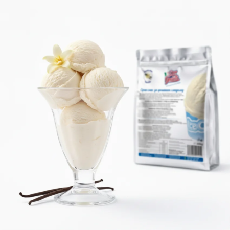 Înghețată de casă vanilie Don Gelato în cupă de desert cu vanilie și ambalaj pe fundal