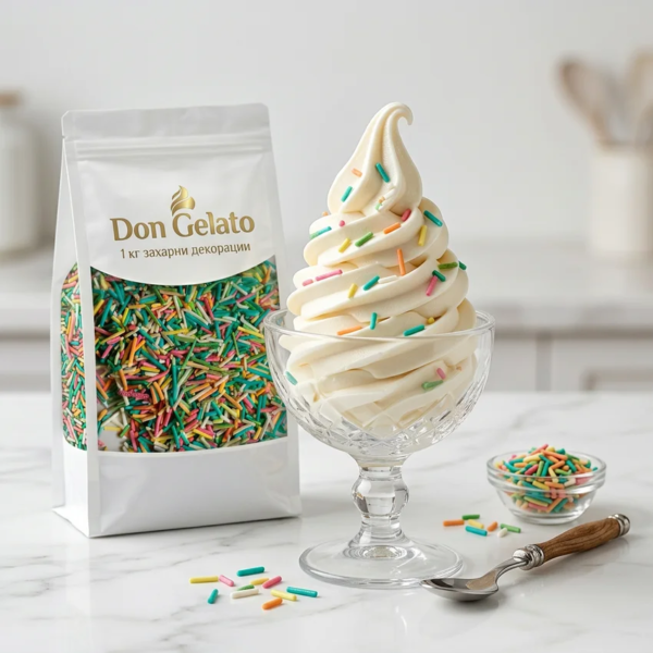 Înghețată soft decorată cu batoane colorate din zahăr Don Gelato