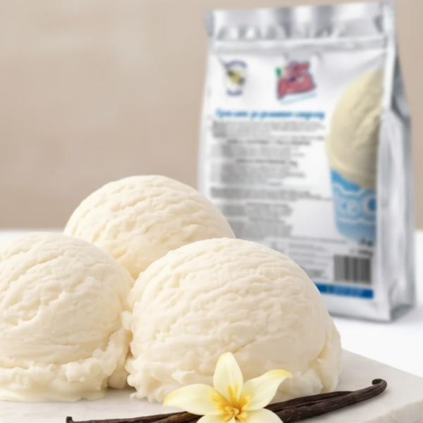 Textură macro de înghețată de casă vanilie Don Gelato cu vanilie și ambalaj pe fundal