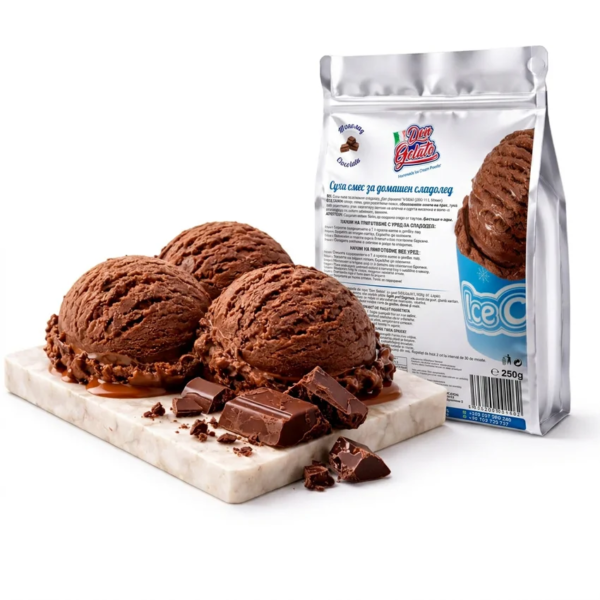 Praf pentru înghețată de casă ciocolată Don Gelato cu trei cupe de înghețată și bucăți de ciocolată