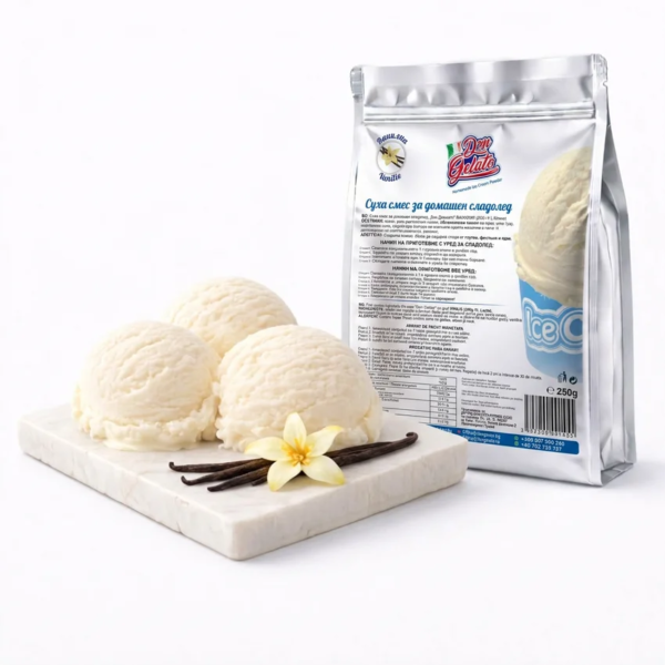 Praf pentru înghețată de casă vanilie Don Gelato cu înghețată de vanilie preparată și ambalaj produs