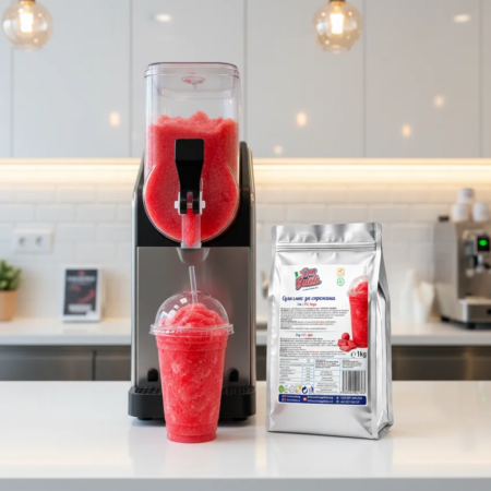 Preparare granită bubble gum roșie la mașină într-un pahar transparent pentru servire