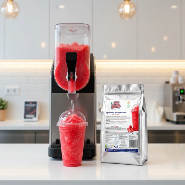 Preparare granită bubble gum roșie la mașină într-un pahar transparent pentru servire