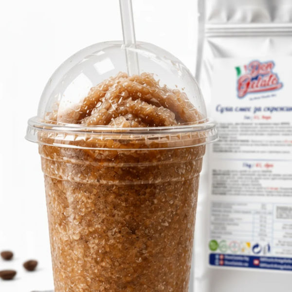 Preparare granită Frappe la mașină într-un pahar transparent pentru servire