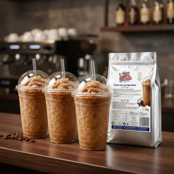 Vitrină HoReCa cu mai multe pahare de granită Frappe pentru servire profesională