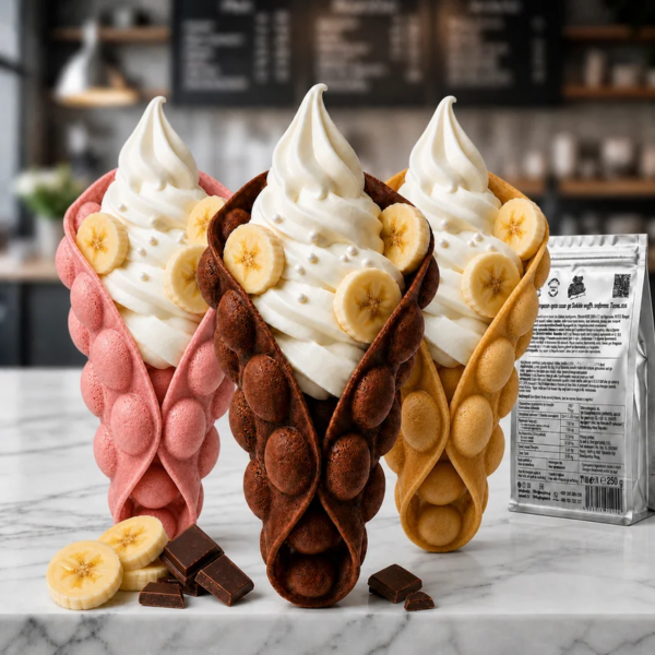 Bubble Waffle cu ciocolată Don Gelato, alături de vafe roșii și verzi într-o prezentare colorată