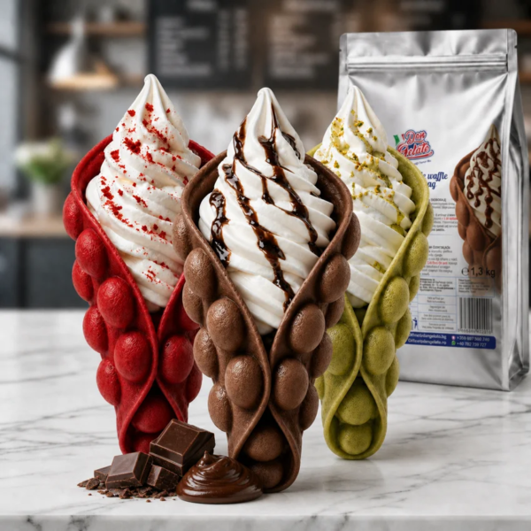 Bubble Waffle cu ciocolată Don Gelato, alături de vafe roșii și verzi într-o prezentare colorată