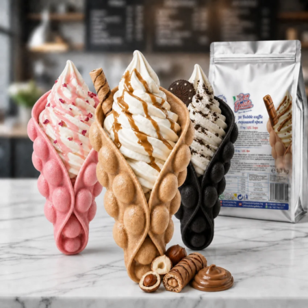 Bubble Waffle cu cremă de alune Don Gelato într-o prezentare colorată cu vafe în diferite arome