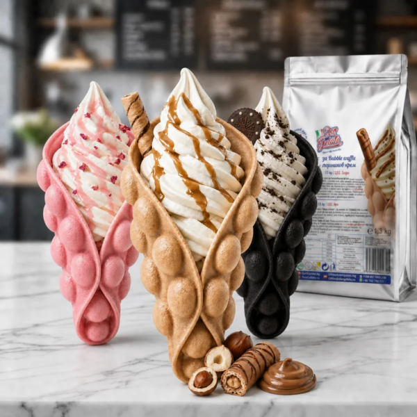 Bubble Waffle cu cremă de alune Don Gelato într-o prezentare colorată cu vafe în diferite arome