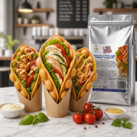 Bubble Waffle natural Don Gelato ca vafă sărată tip sandwich, cu diferite umpluturi