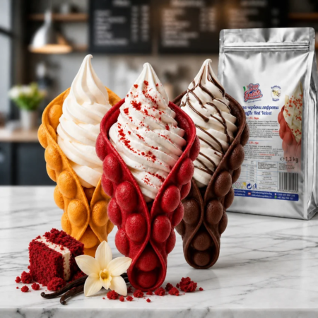 Bubble Waffle Red Velvet Don Gelato într-o prezentare colorată cu vafe în diferite arome