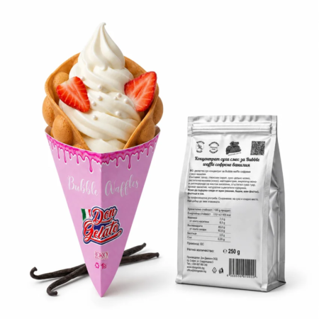 Bubble Waffle cu vanilie Don Gelato, cu înghețată cremoasă într-un suport roz din hârtie