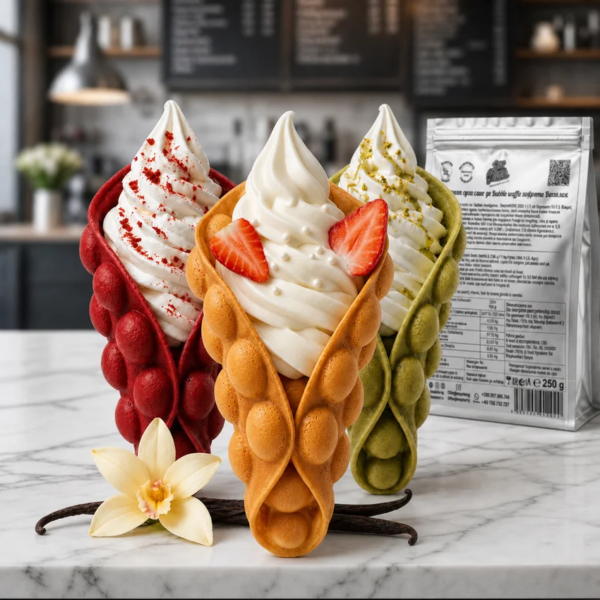 Bubble Waffle cu vanilie Don Gelato, alături de vafe roșii și verzi într-o prezentare colorată