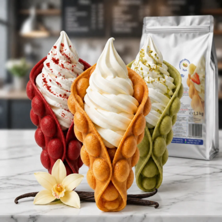Bubble Waffle cu vanilie Don Gelato, alături de vafe roșii și verzi într-o prezentare colorată