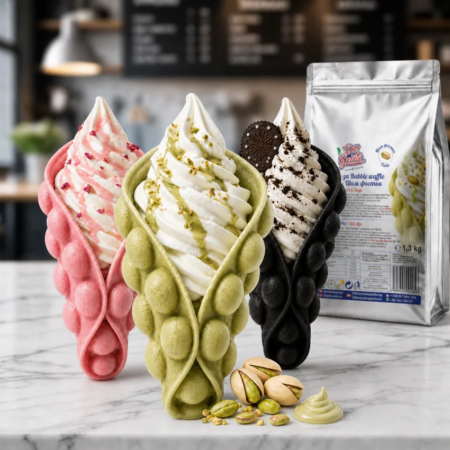 Bubble Waffle verzi cu fistic Don Gelato într-o prezentare colorată cu vafe în diferite arome