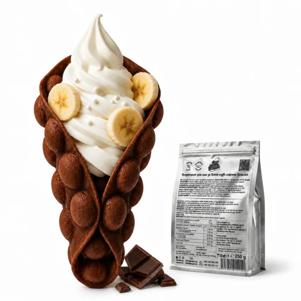 Concentrat pentru gofre Bubble Waffle cu ciocolată Don Gelato, cu vafă de ciocolată gata preparată, înghețată și ambalaj profesional