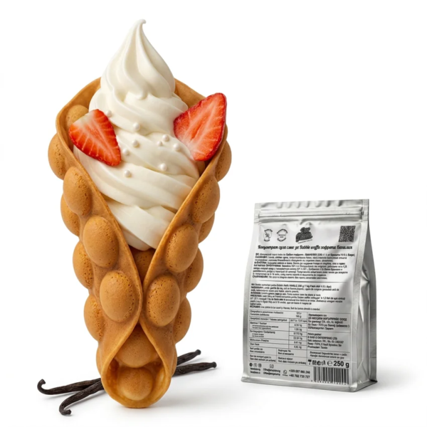 Concentrat pentru gofre Bubble Waffle cu vanilie Don Gelato, cu vafă gata preparată, înghețată și ambalaj profesional
