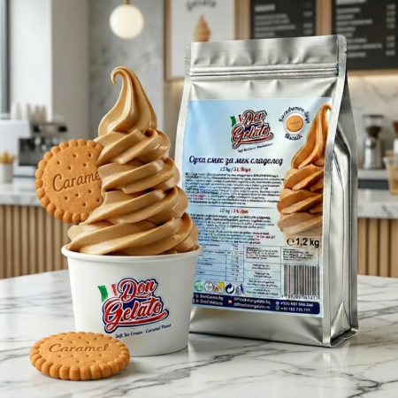 Înghețată soft cu biscuit caramelizat Don Gelato prezentată în gelato bar
