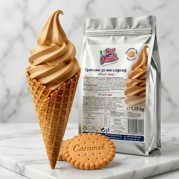 Înghețată soft cu biscuit caramelizat Don Gelato în cornet de vafă
