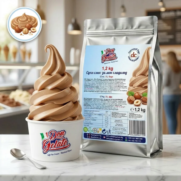 Înghețată soft cu cremă de alune Don Gelato prezentată în magazin