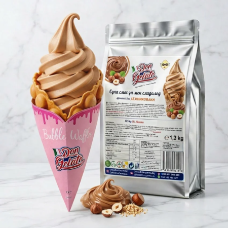 Bubble waffle cu înghețată soft cu cremă de alune cu lapte Don Gelato