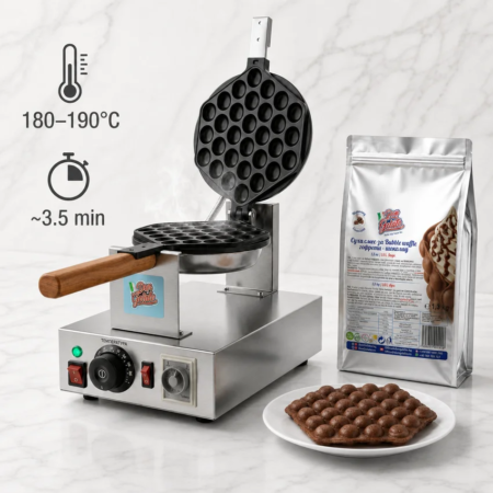 Mașină Bubble Waffle Don Gelato cu PreMix ciocolată și temperatură recomandată de 180–190°C