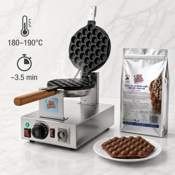 Mașină Bubble Waffle Don Gelato cu PreMix ciocolată și temperatură recomandată de 180–190°C