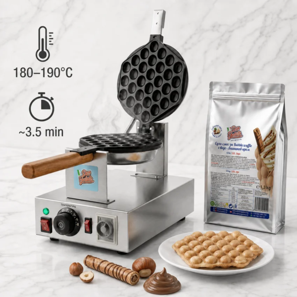 Mașină Bubble Waffle Don Gelato cu PreMix pentru Bubble Waffle cu cremă de alune și temperatură de 180–190°C