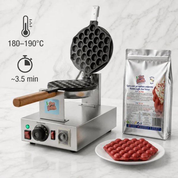 Mașină Bubble Waffle Don Gelato cu PreMix Red Velvet și temperatură recomandată de 180–190°C