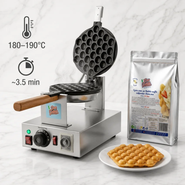 Mașină Bubble Waffle Don Gelato cu PreMix vanilie și temperatură recomandată de 180–190°C