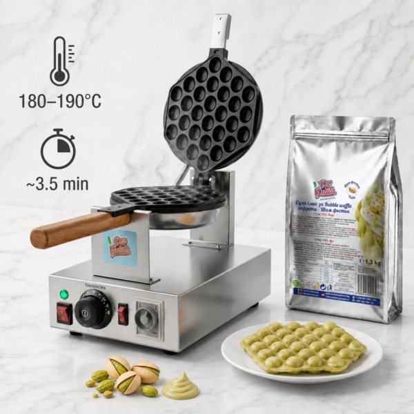 Mașină Bubble Waffle Don Gelato cu PreMix pentru Bubble Waffle verzi cu fistic și temperatură de 180–190°C