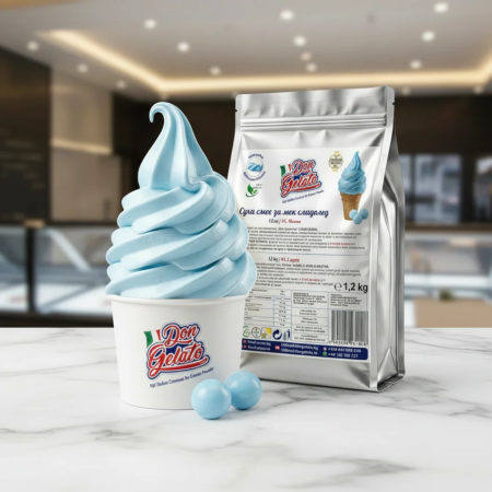Înghețată albastră premium Don Gelato în scenă gelato bar cu servire profesională