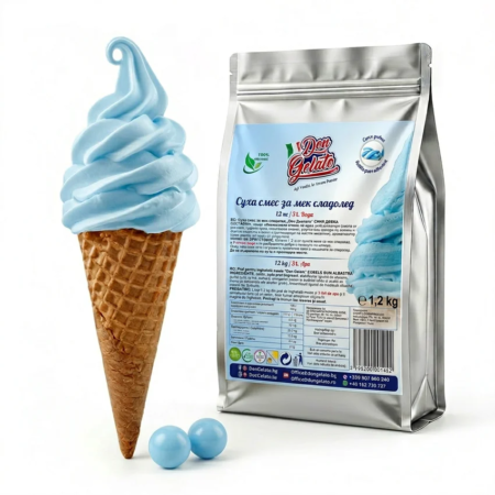 Praf pentru înghețată gumă albastră cu apă Don Gelato cu înghețată albastră cremoasă în cornet