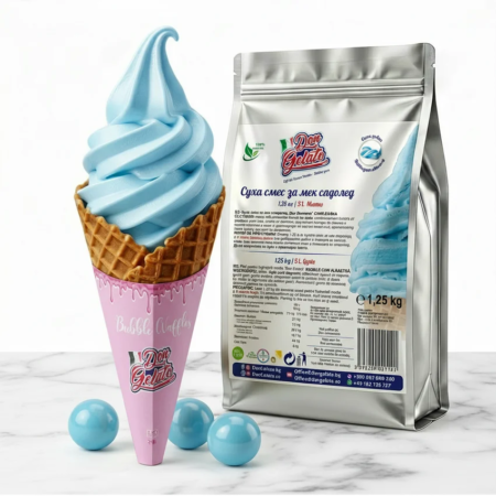 Înghețată gumă albastră cu lapte Don Gelato servită în bubble waffle cu aspect premium
