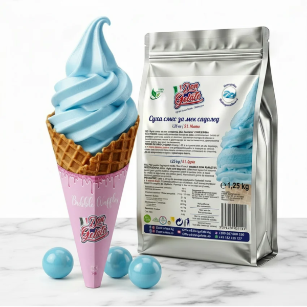 Înghețată gumă albastră cu lapte Don Gelato servită în bubble waffle cu aspect premium