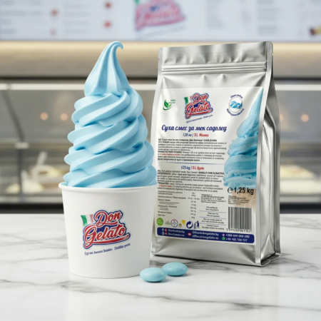 Înghețată gumă albastră cu lapte Don Gelato în scenă gelato bar cu servire premium