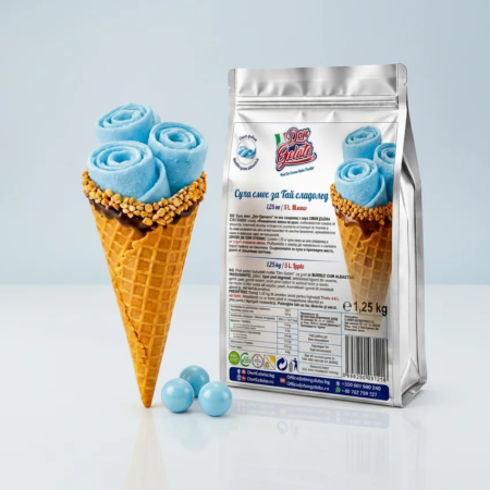 Înghețată thailandeză gumă albastră cu rulouri finale și ambalaj Don Gelato