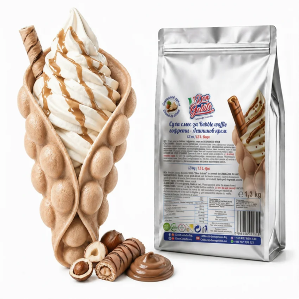 PreMix pentru Bubble Waffle cu cremă de alune Don Gelato, cu vafă gata preparată, înghețată și ambalaj profesional