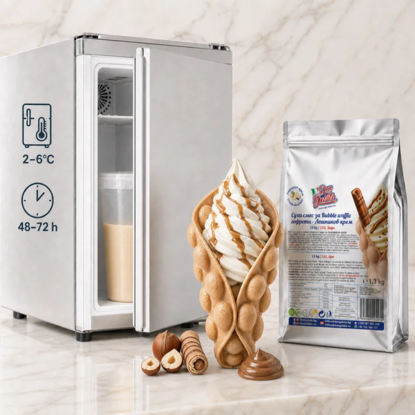 PreMix pentru Bubble Waffle cu cremă de alune Don Gelato, cu mix pregătit pentru păstrare la 2–6°C