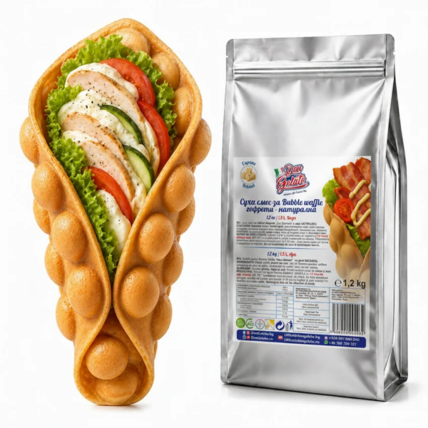 PreMix pentru Bubble Waffle natural Don Gelato, cu vafă sărată tip sandwich gata preparată și ambalaj profesional